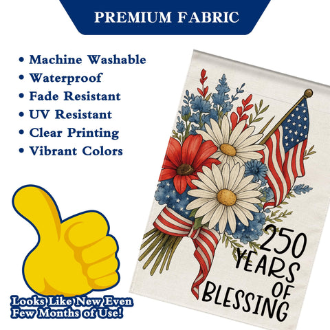 Aymolas Blessing flag weather-resistant fabric withstands sun and rain.