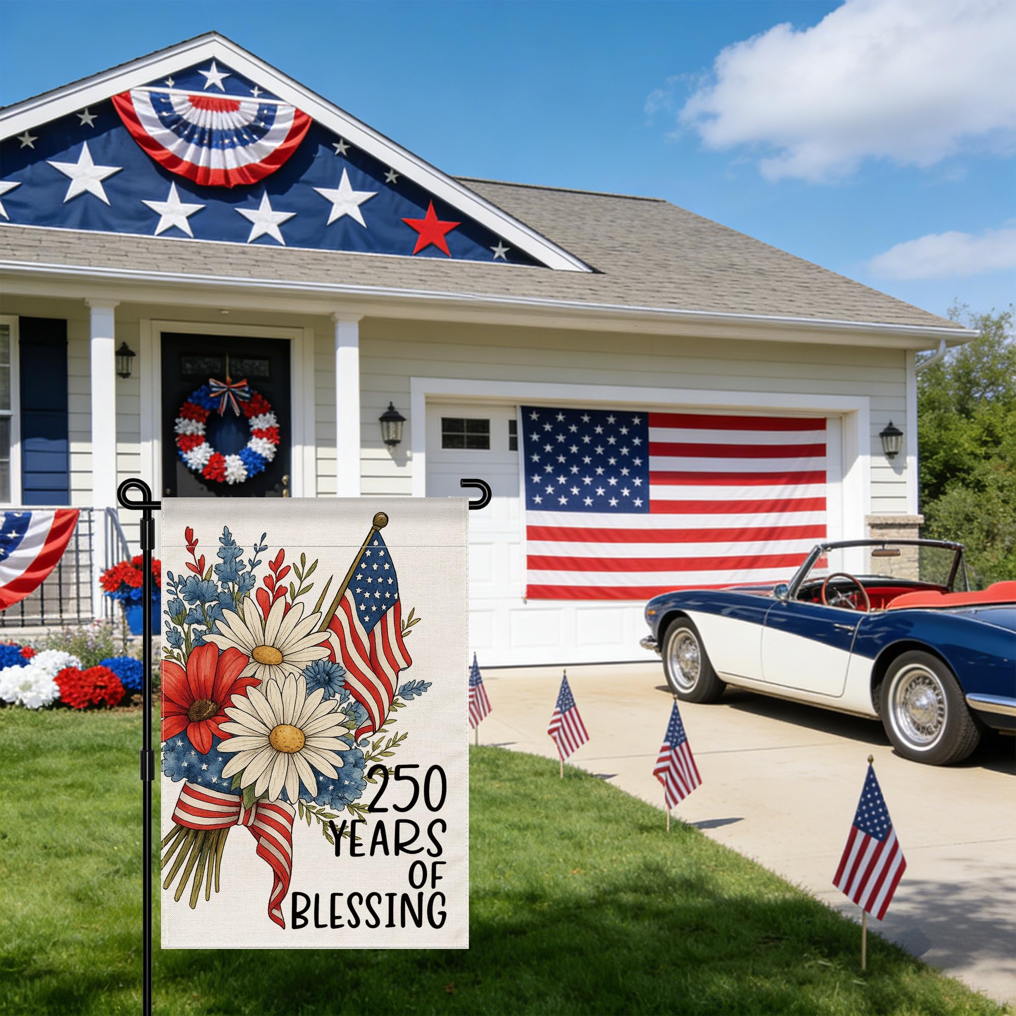 Aymolas Blessing flag yard porch sunlit display boosts curb appeal.