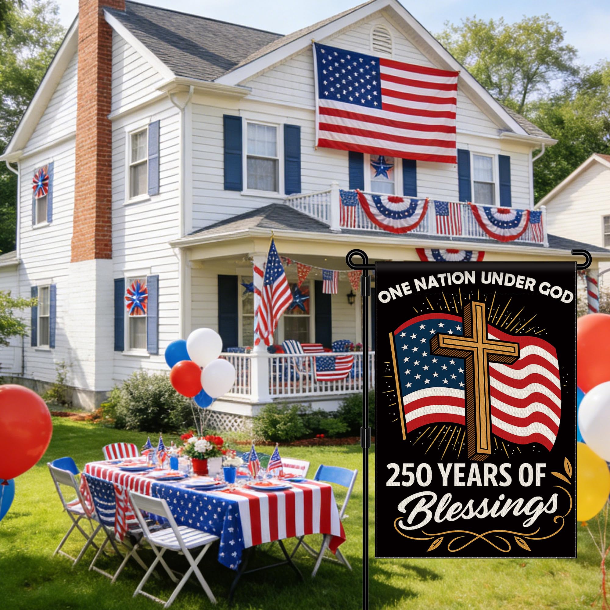 Aymolas Blessings 250 Years USA flag back view showing double-sided design.