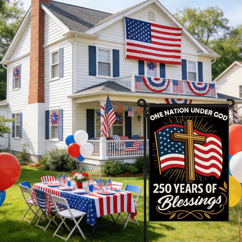 Aymolas Blessings 250 Years USA flag back view showing double-sided design.