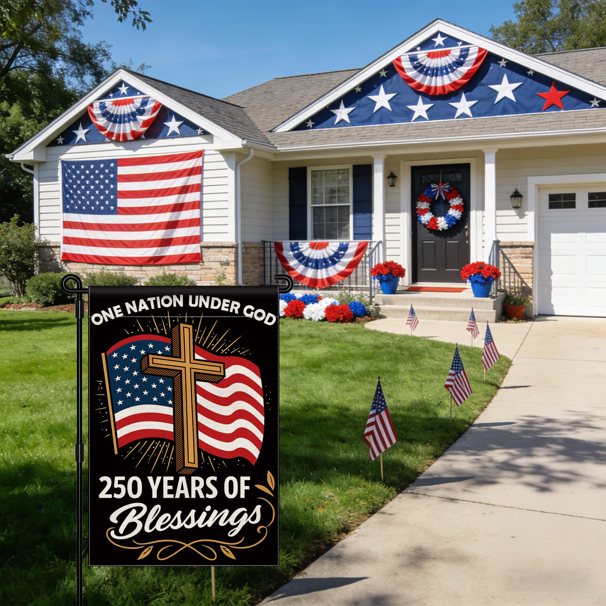 Aymolas Blessings garden flag decorating the yard with patriotic charm.