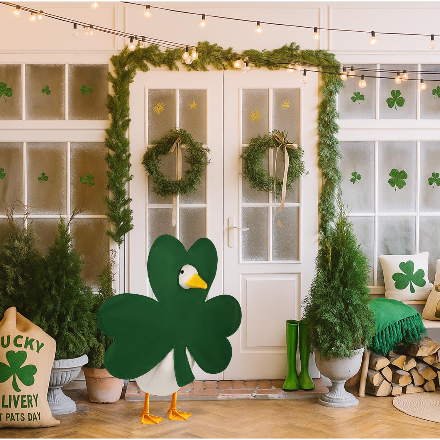 Aymolas weather-resistant felt fabric detail on shamrock outfit