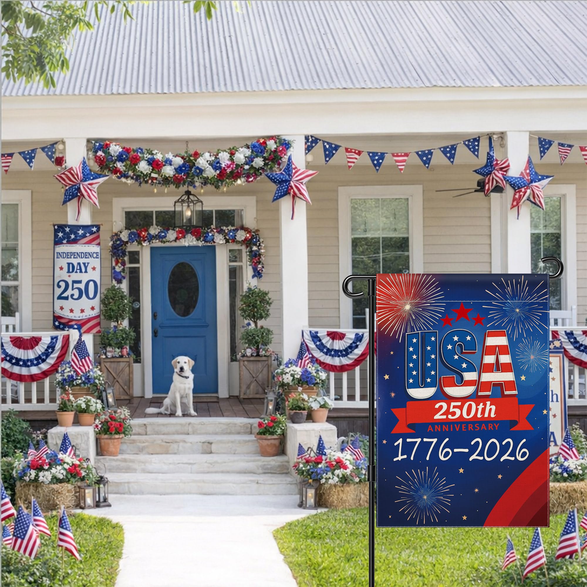 Patriotic garden flag adding charm to porches and patios