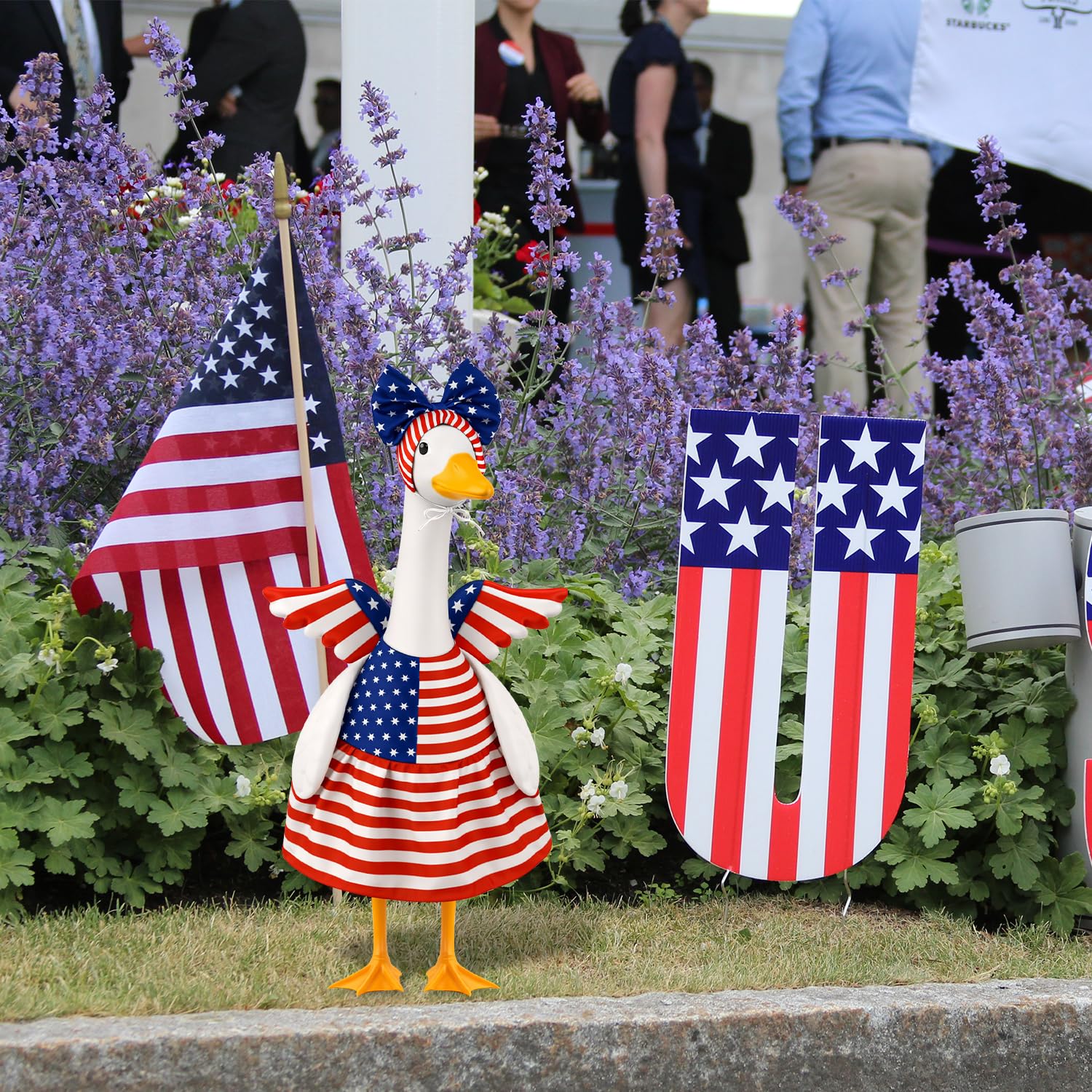 Aymolas patriotic goose headband completes the outfit for a polished holiday look