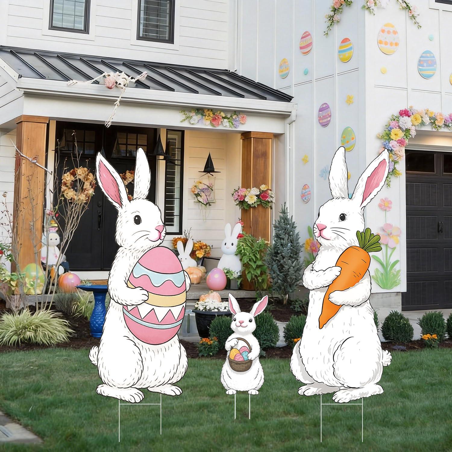Aymolas rustic creamy white bunny yard signs enhance outdoor decor.