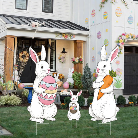Aymolas rustic creamy white bunny yard signs enhance outdoor decor.