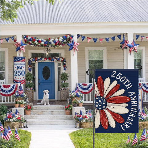Aymolas usa garden flag displayed in a yard for patriotic charm