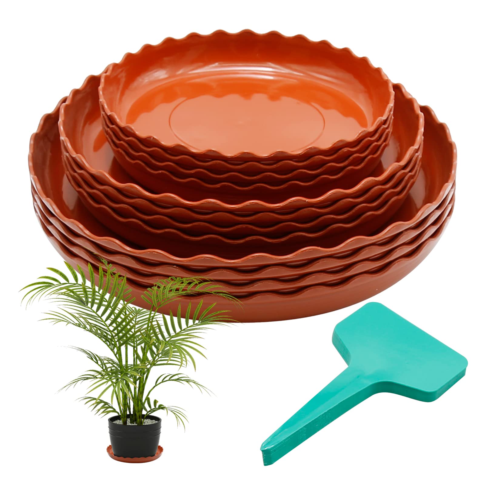 Aynaxcol 12-pack white plant trays in three sizes for versatile drainage.