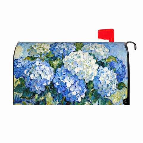 Aytipun hydrangea mailbox cover with blue flowers enhances curbside appeal.
