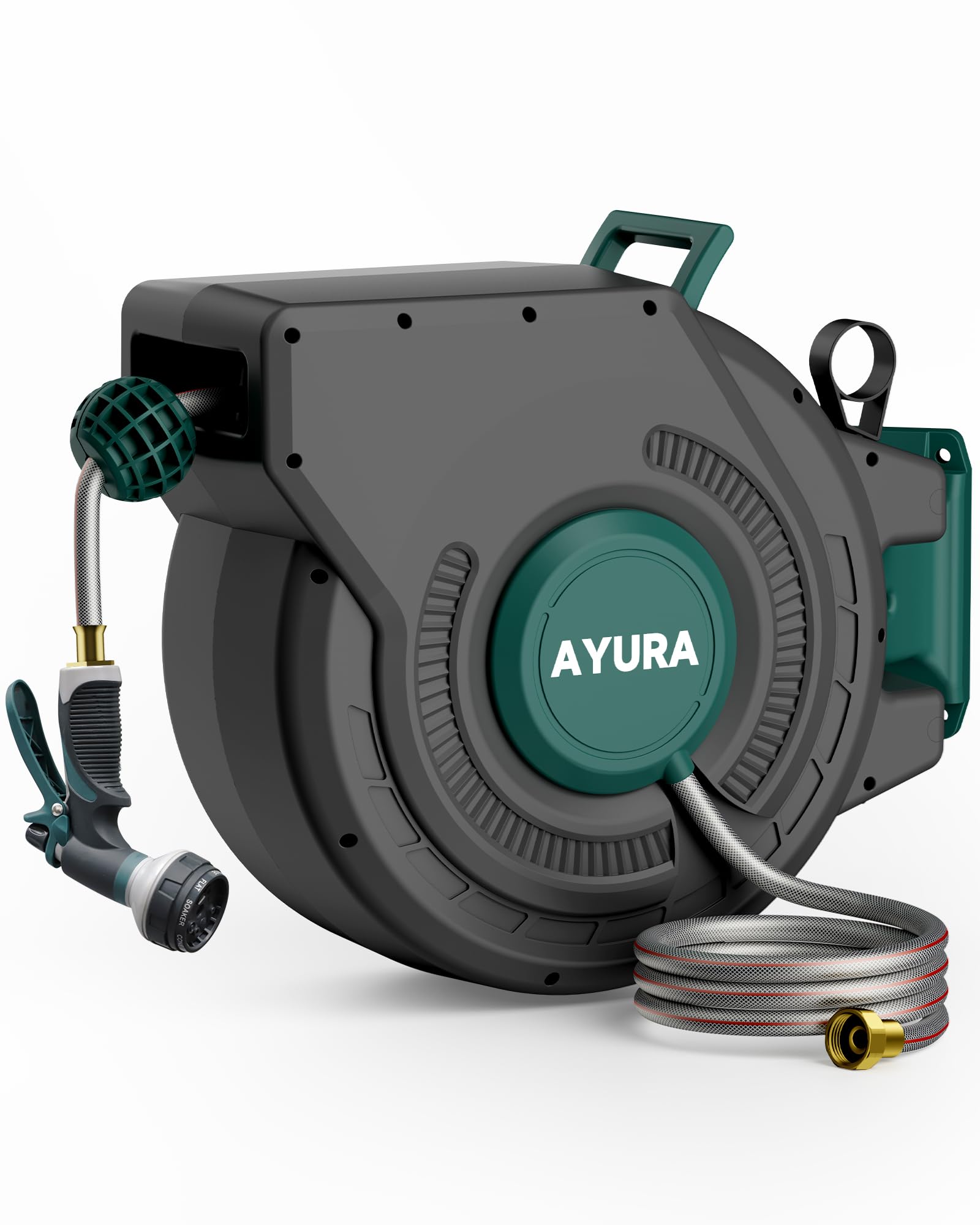 AYURA retractable hose reel 100ft with metal shaft demonstrating durable outdoor performance
