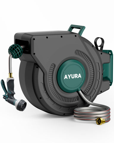 AYURA retractable hose reel 100ft with metal shaft demonstrating durable outdoor performance