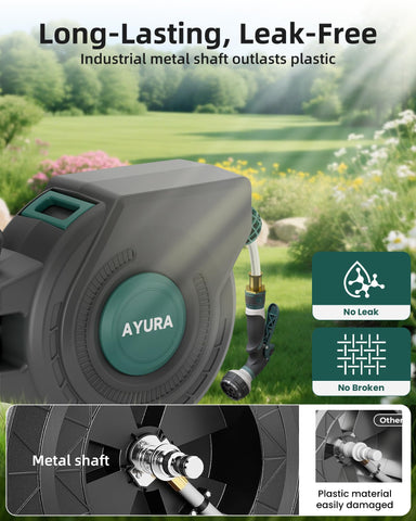 AYURA hose reel anti kink rewind system shows smooth retraction
