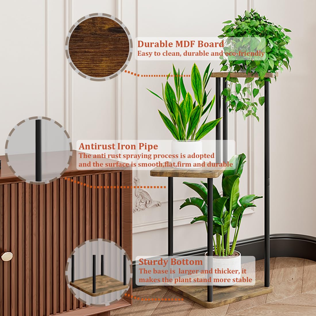 AZERPIAN 3-tier plant stand anti-slip feet protecting floors and reducing wobble