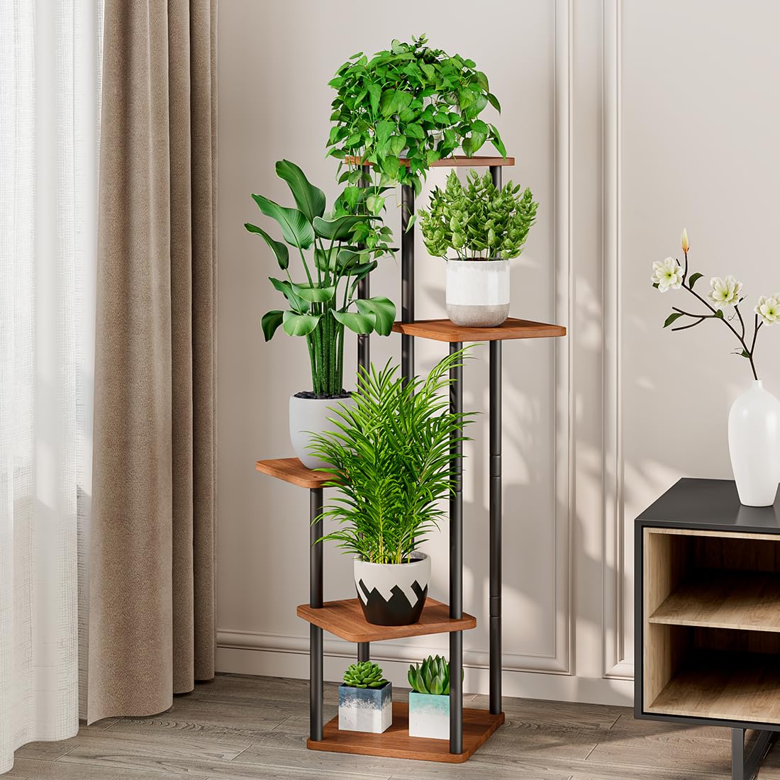 AZERPIAN 5-tier stand walnut corner setup showing stable multi-tier display.