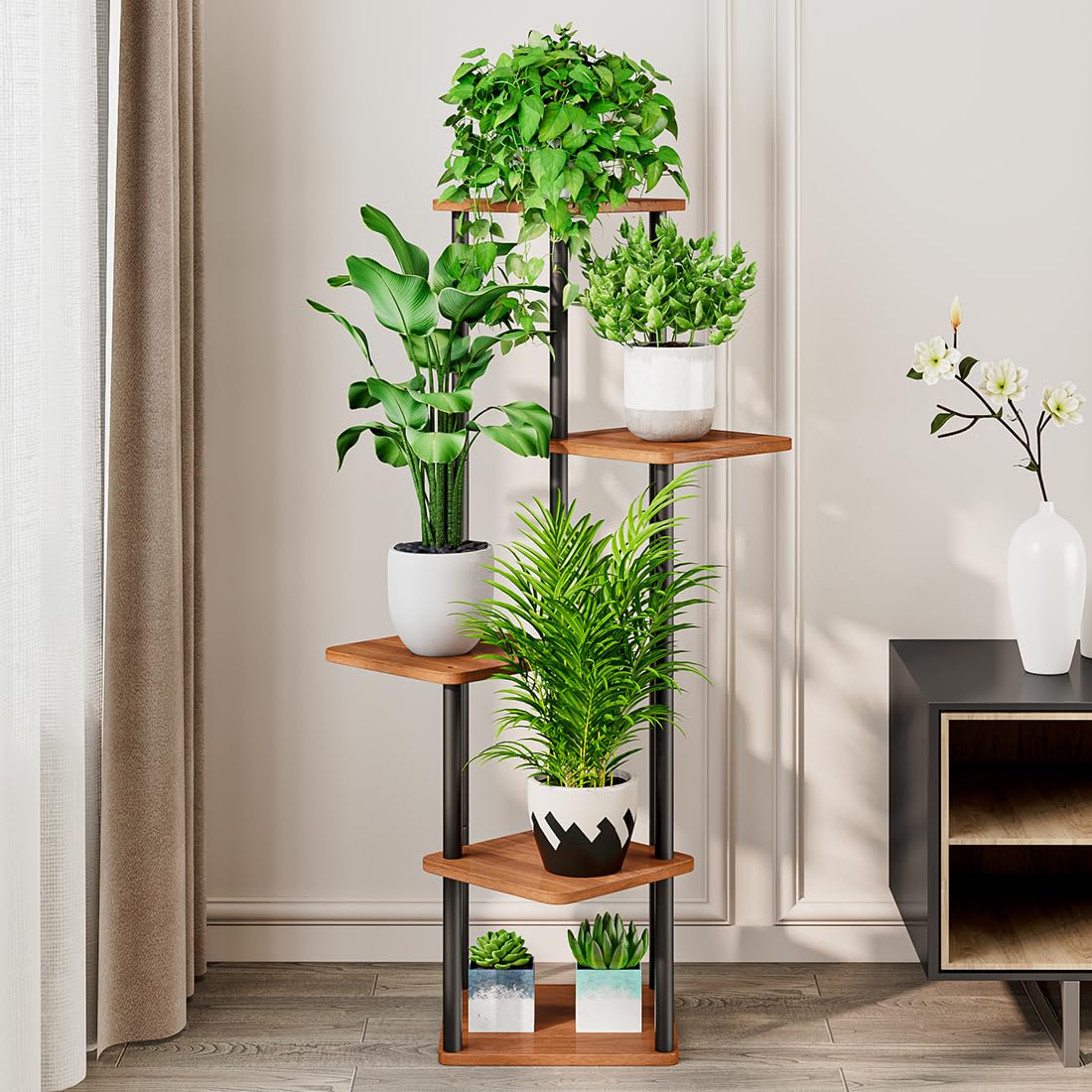 AZERPIAN indoor metal flower shelf walnut top shelves for varied pot sizes.