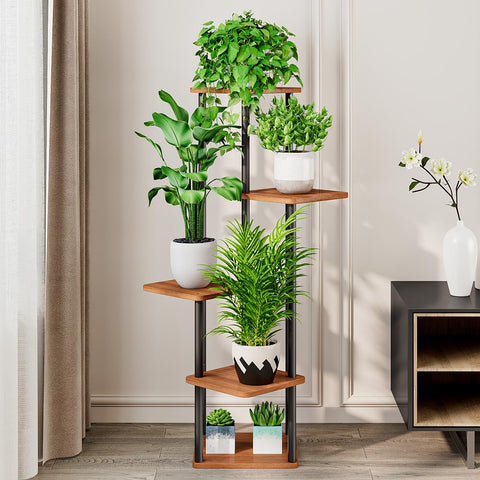 AZERPIAN indoor metal flower shelf walnut top shelves for varied pot sizes.