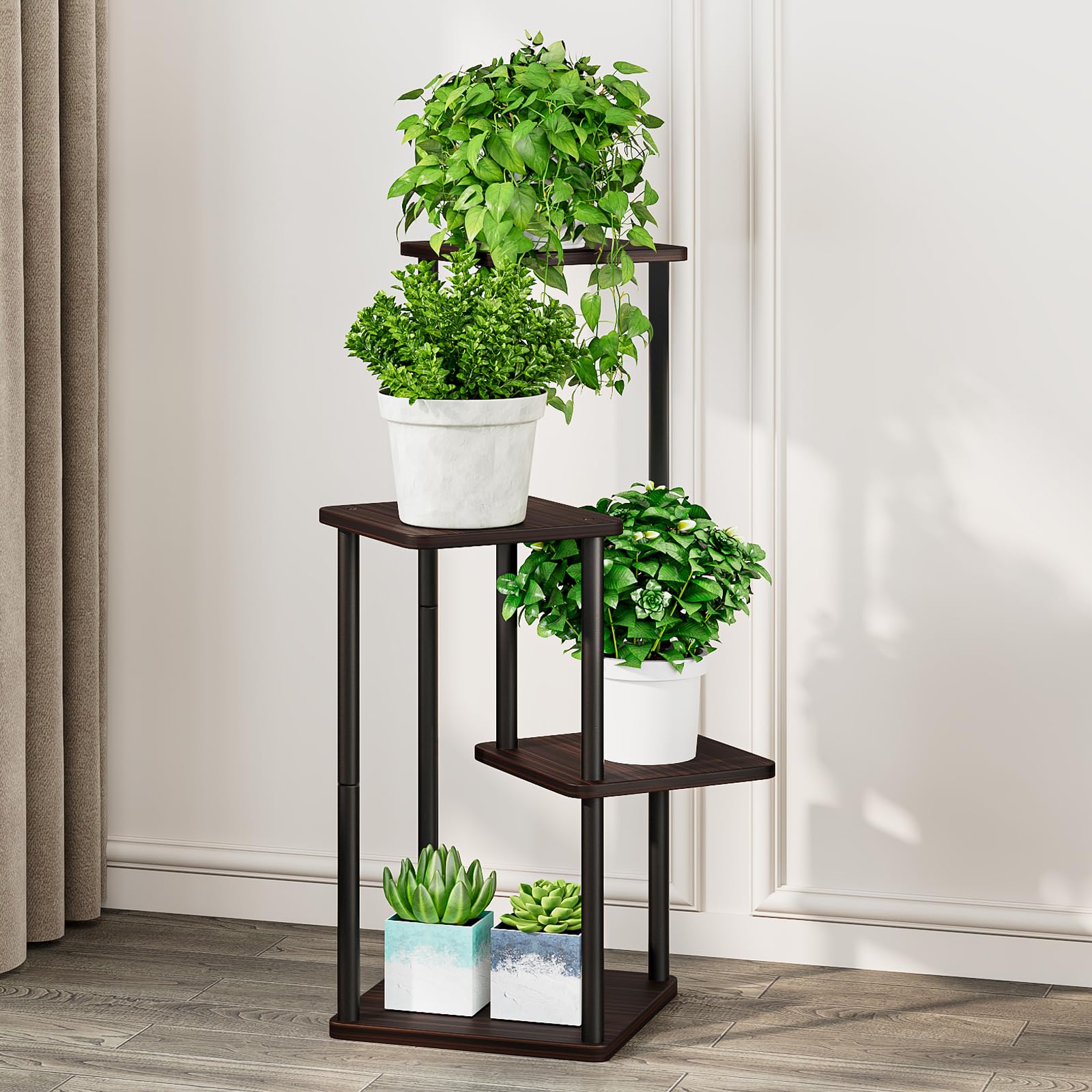 AZERPIAN indoor metal shelf highlights tall, multi-pot display.