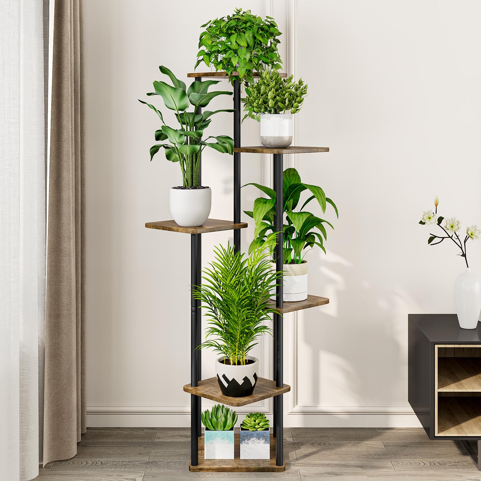 AZERPIAN Plant Stand 6-Tier Metal Frame with MDF shelves supports diverse plant sizes.