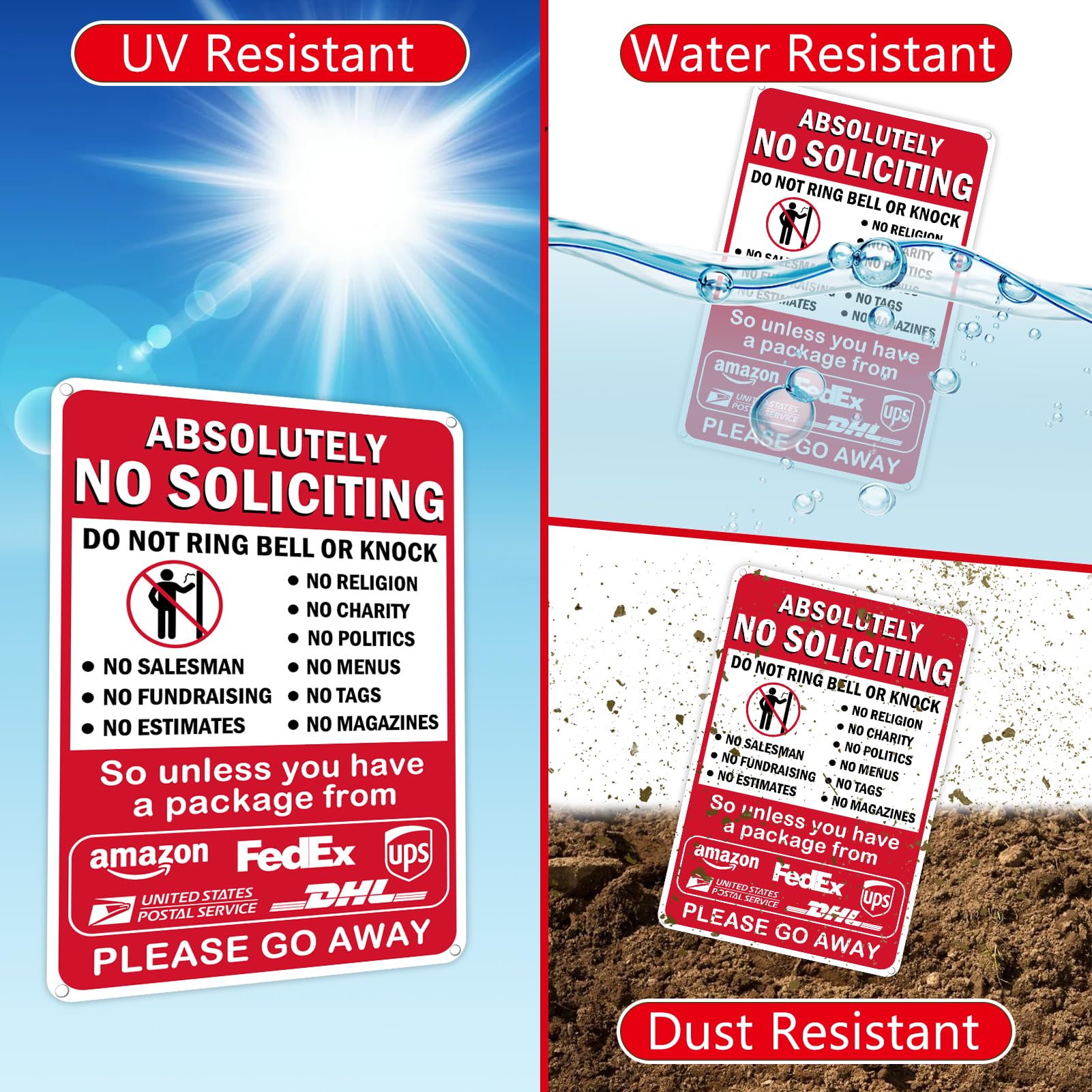 AzReference aluminum no soliciting sign with pre punched holes for mounting.