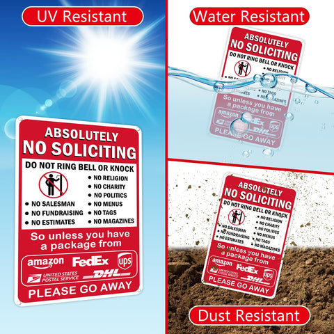 AzReference aluminum no soliciting sign with pre punched holes for mounting.