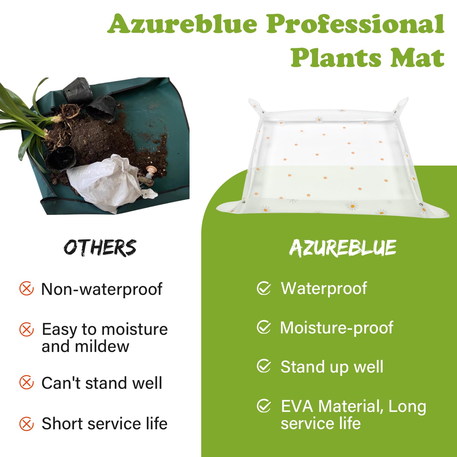 Azureblue mat with snap buckles prevents splashes while repotting