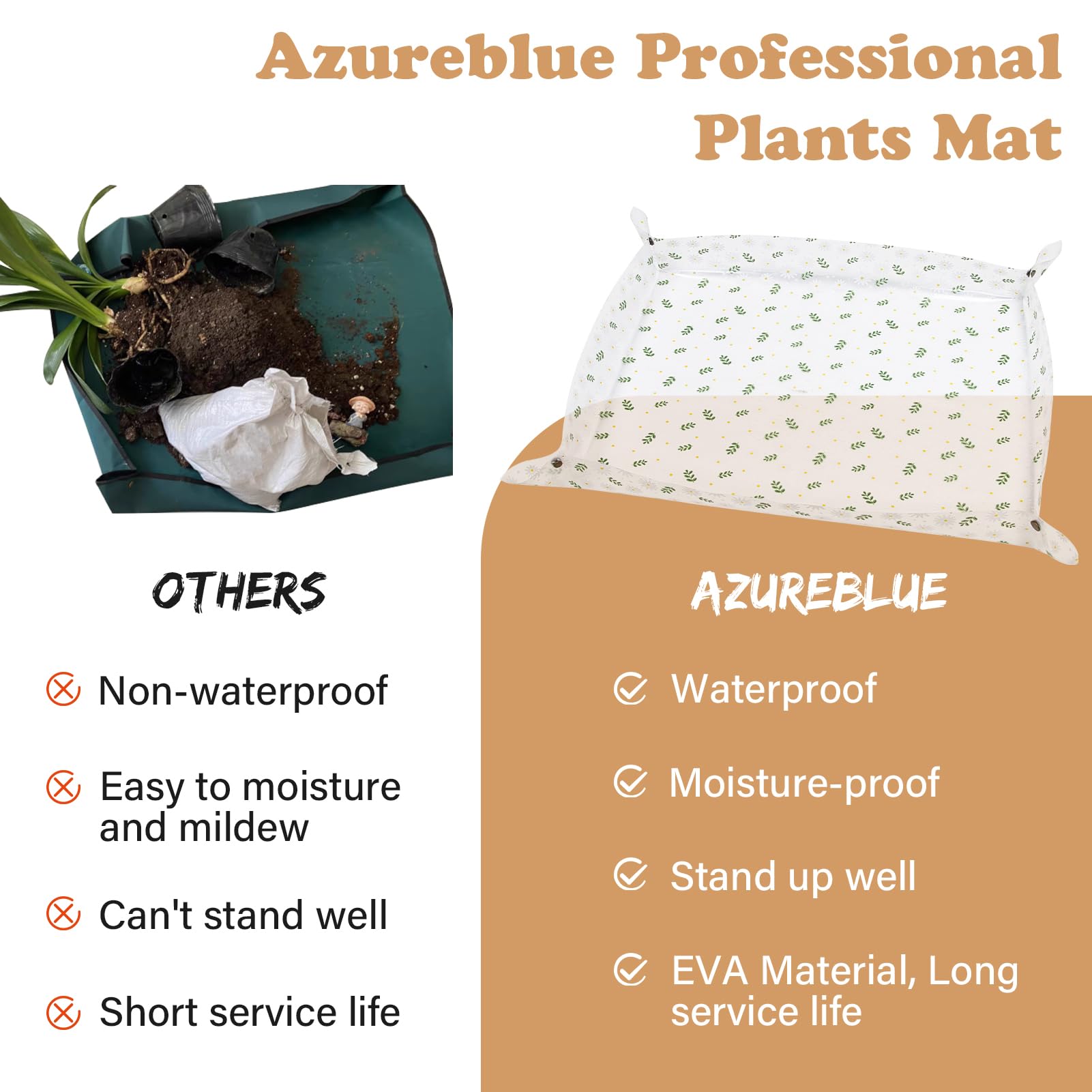 Azureblue clear mat with daisy pattern catches soil spills.