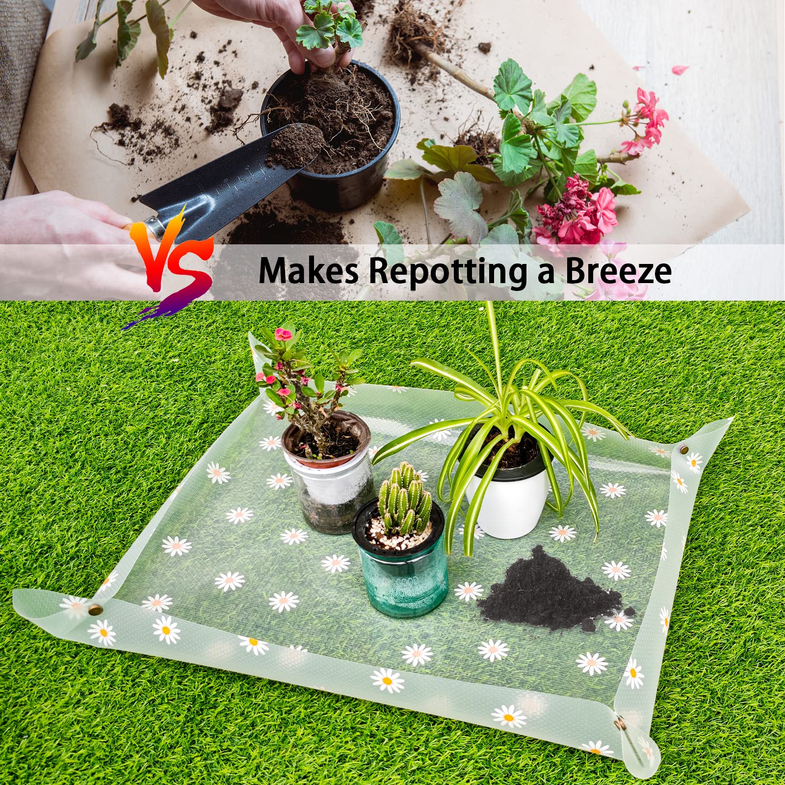 Azureblue foldable gardening tray shown for portable indoor plant potting.