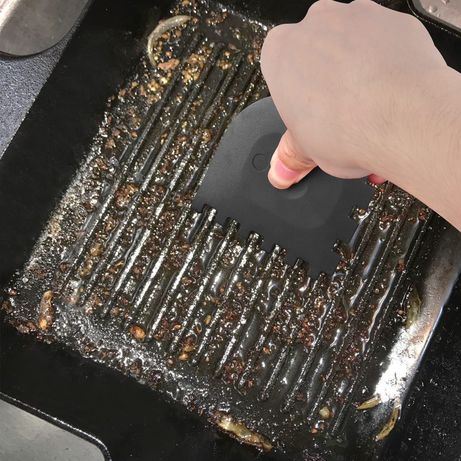Azureblue griddle groove scraper side A targets ribbed grooves efficiently.