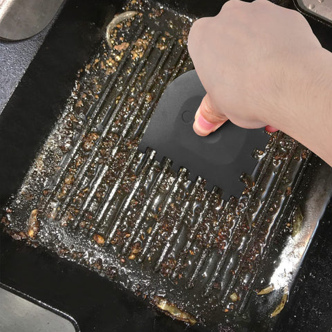 Azureblue griddle groove scraper side A targets ribbed grooves efficiently.
