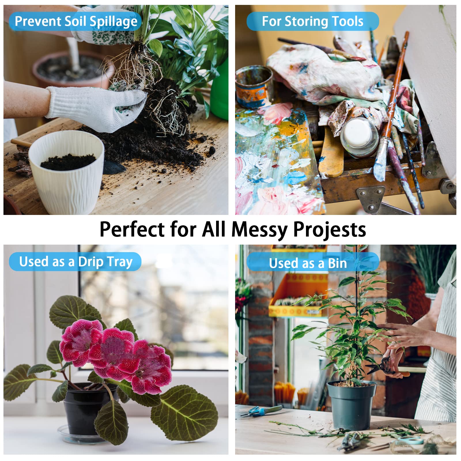 Azureblue mess-control potting mat helps prevent mess during indoor plant care.