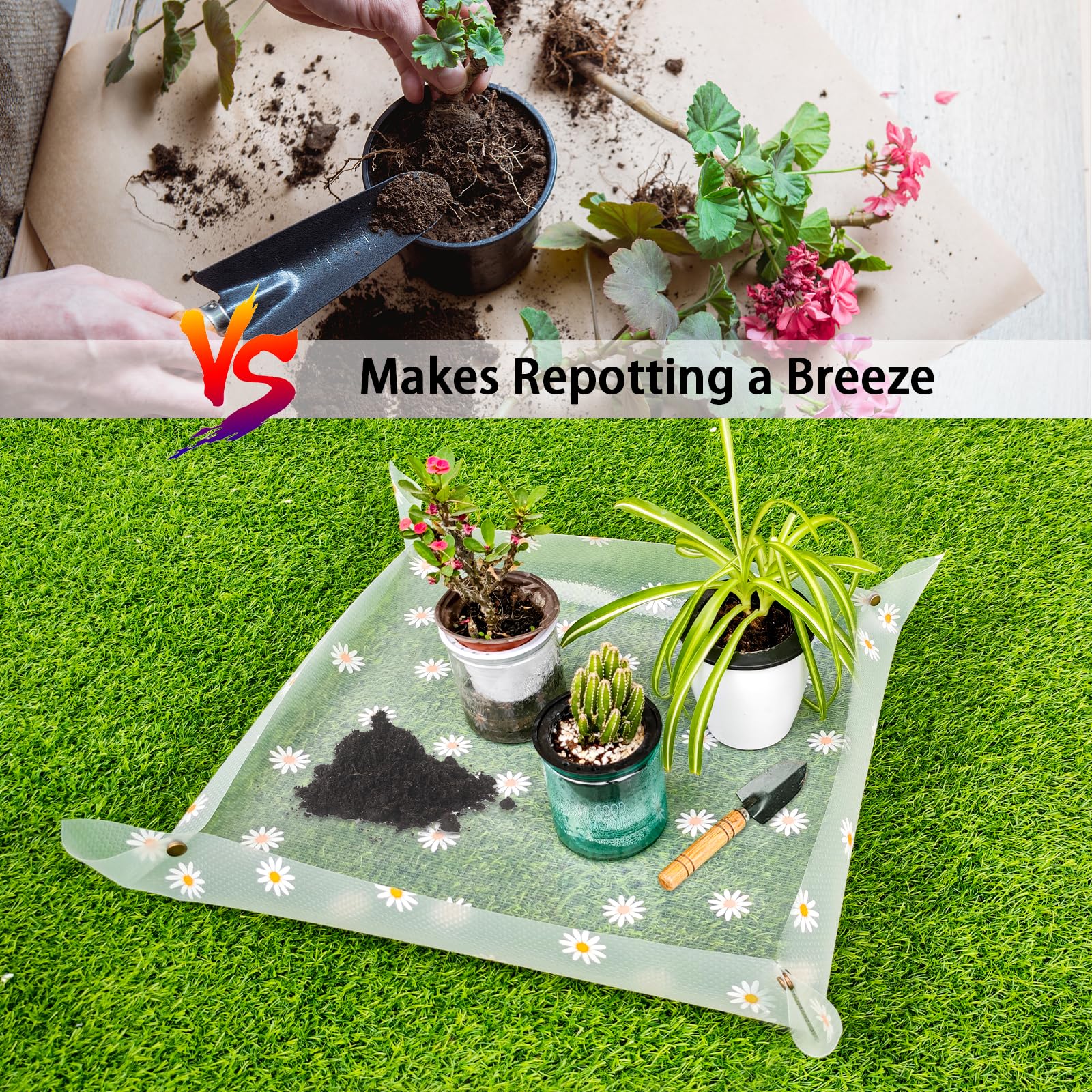 Azureblue repotting mat with daisy pattern keeps soil contained during potting