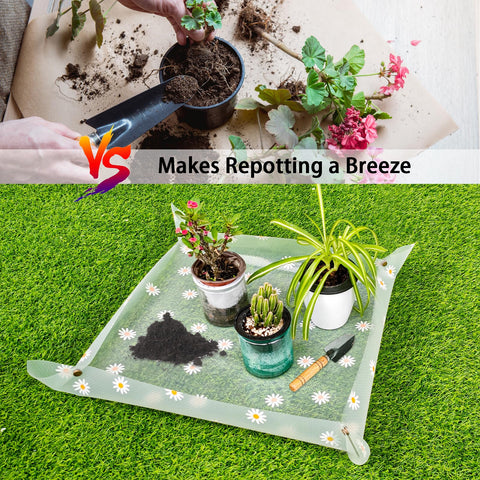 Azureblue repotting mat with daisy pattern keeps soil contained during potting
