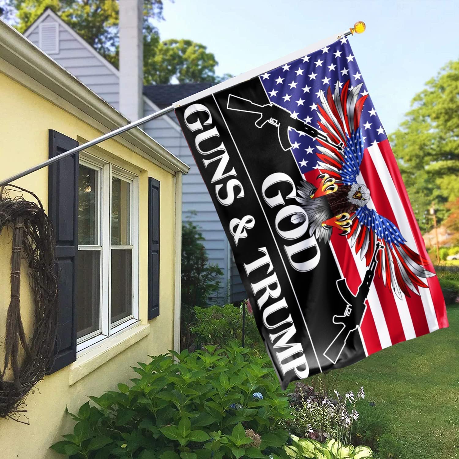 Azurtis god guns Trump flag on 150D polyester for indoor or outdoor use.