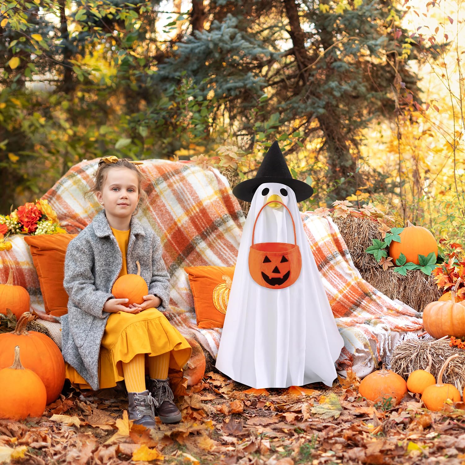 AZYM ghost costume detail on goose shows vivid colors for eye-catching garden decor.