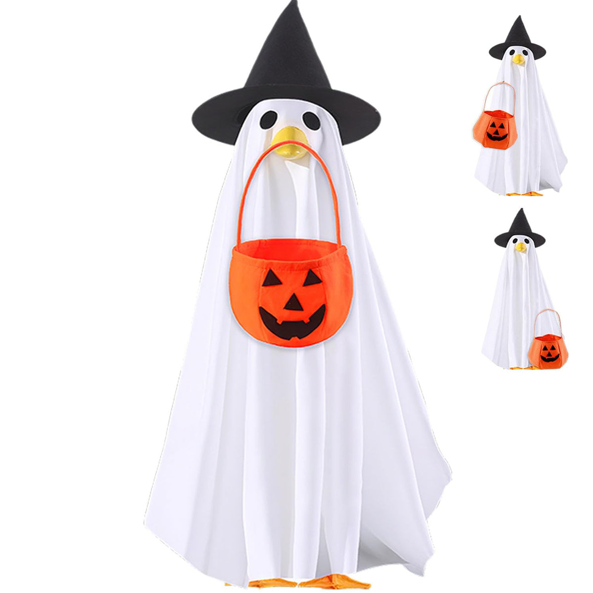 AZYM Halloween Ghost Porch Goose Outfit on goose statue enhances seasonal curb appeal.