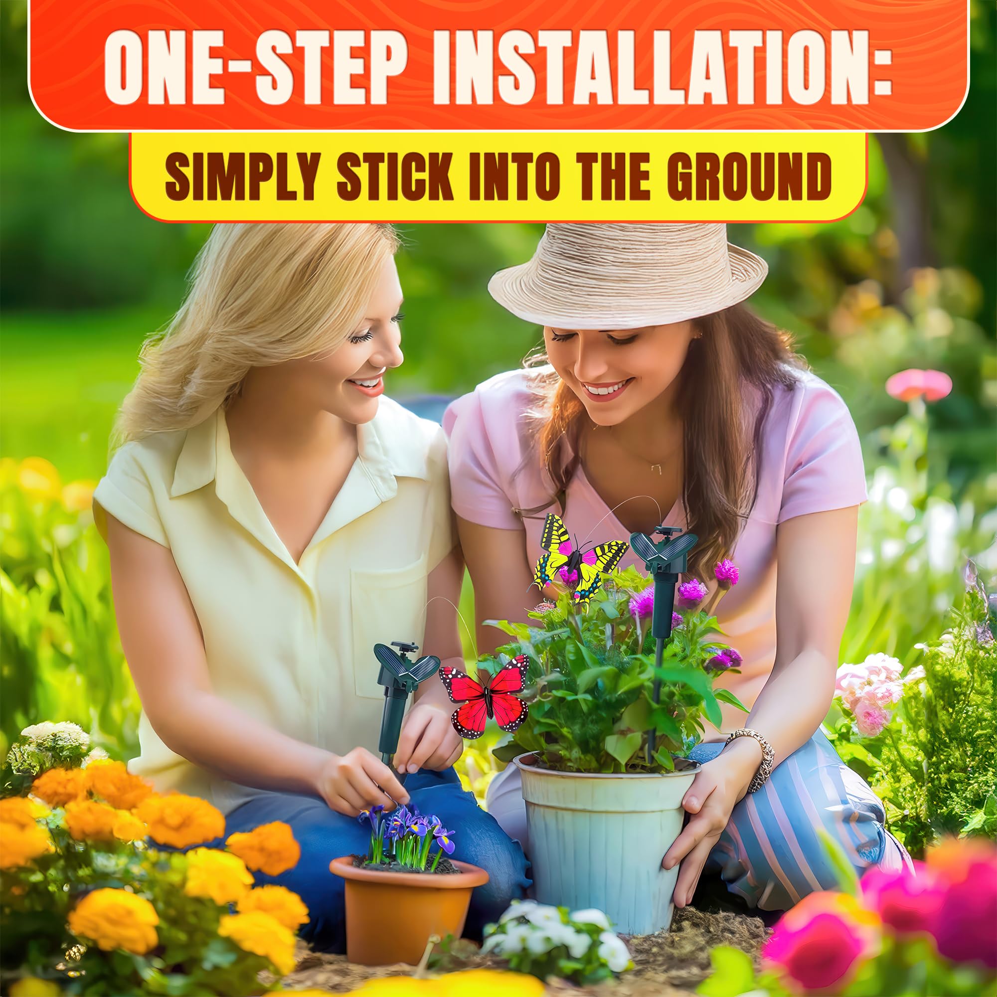 AZZORI solar butterfly stake powered by sunlight with low maintenance fluttering.