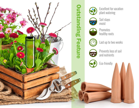B SEPOR terracotta watering spike, 7-inch design for slow release.