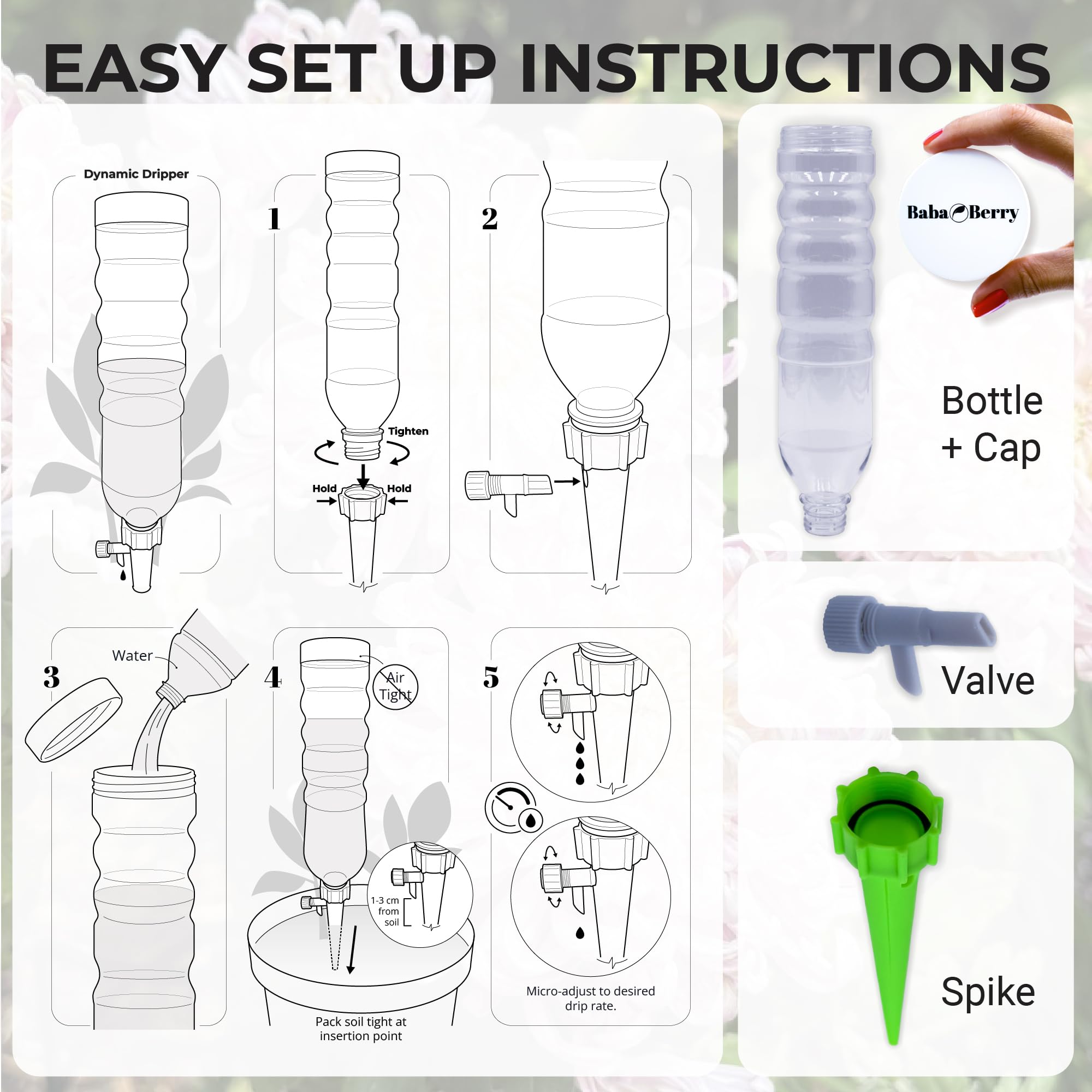 BabaBerry 3-pack with spikes ensures multi-plant watering with adjustable flow