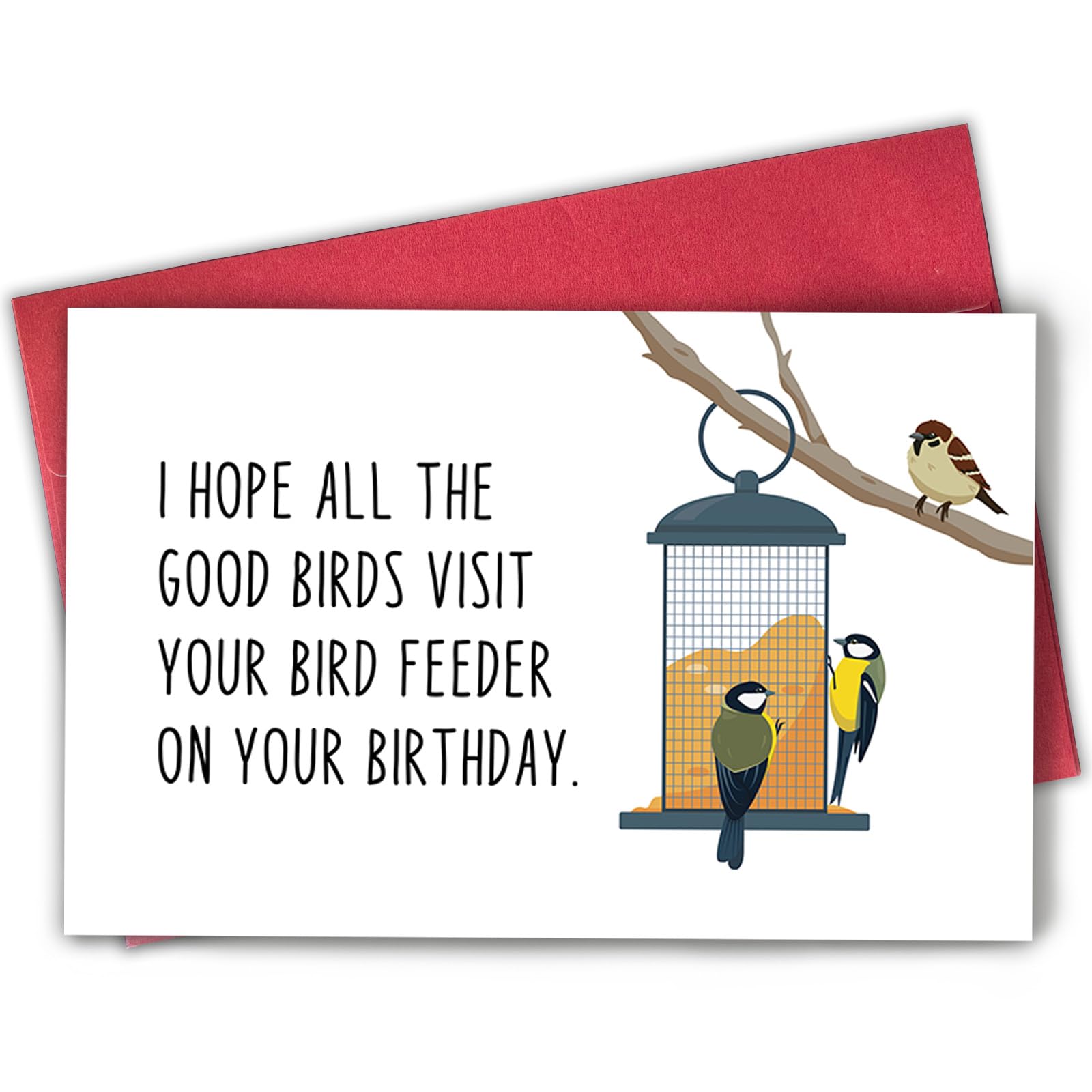 Bablira bird watcher birthday card front featuring playful bird feeder joke