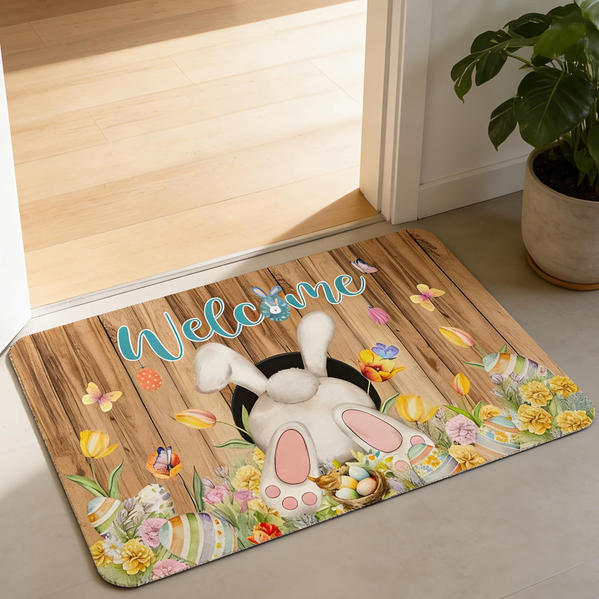 Babylounger Easter doormat welcomes guests at the front porch with festive eggs.
