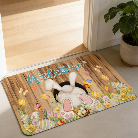 Babylounger Easter doormat welcomes guests at the front porch with festive eggs.