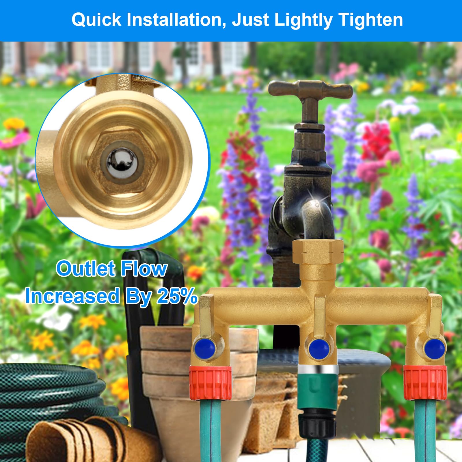BACASIN 3-way hose splitter showing independent valves to run two fixtures simultaneously