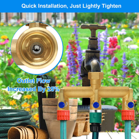 BACASIN 3-way hose splitter showing independent valves to run two fixtures simultaneously