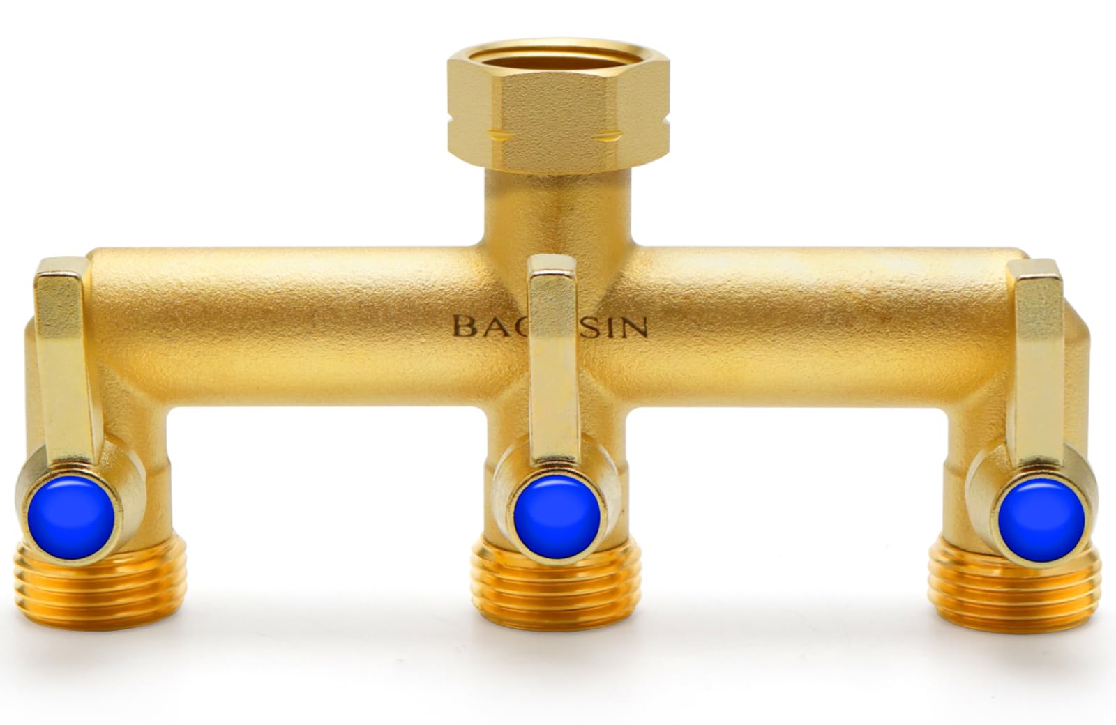 BACASIN three way brass hose splitter with valves for precise flow control.
