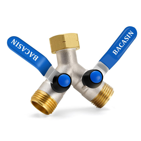 BACASIN brass garden hose splitter shows a durable Y-connection for dual watering zones at once.