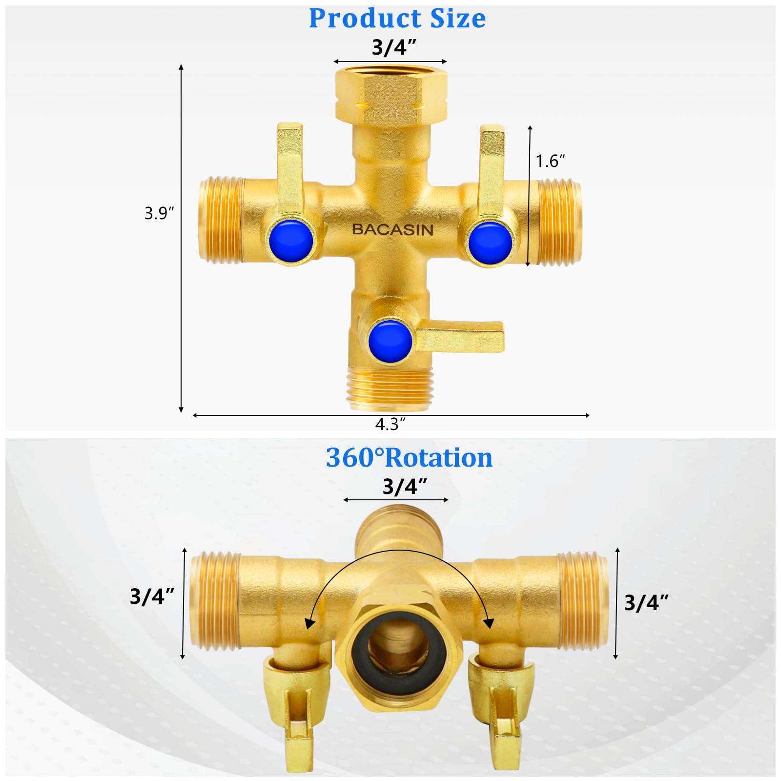 BACASIN brass garden hose splitter compatibility with 3/4 inch fittings ensures stable connections.