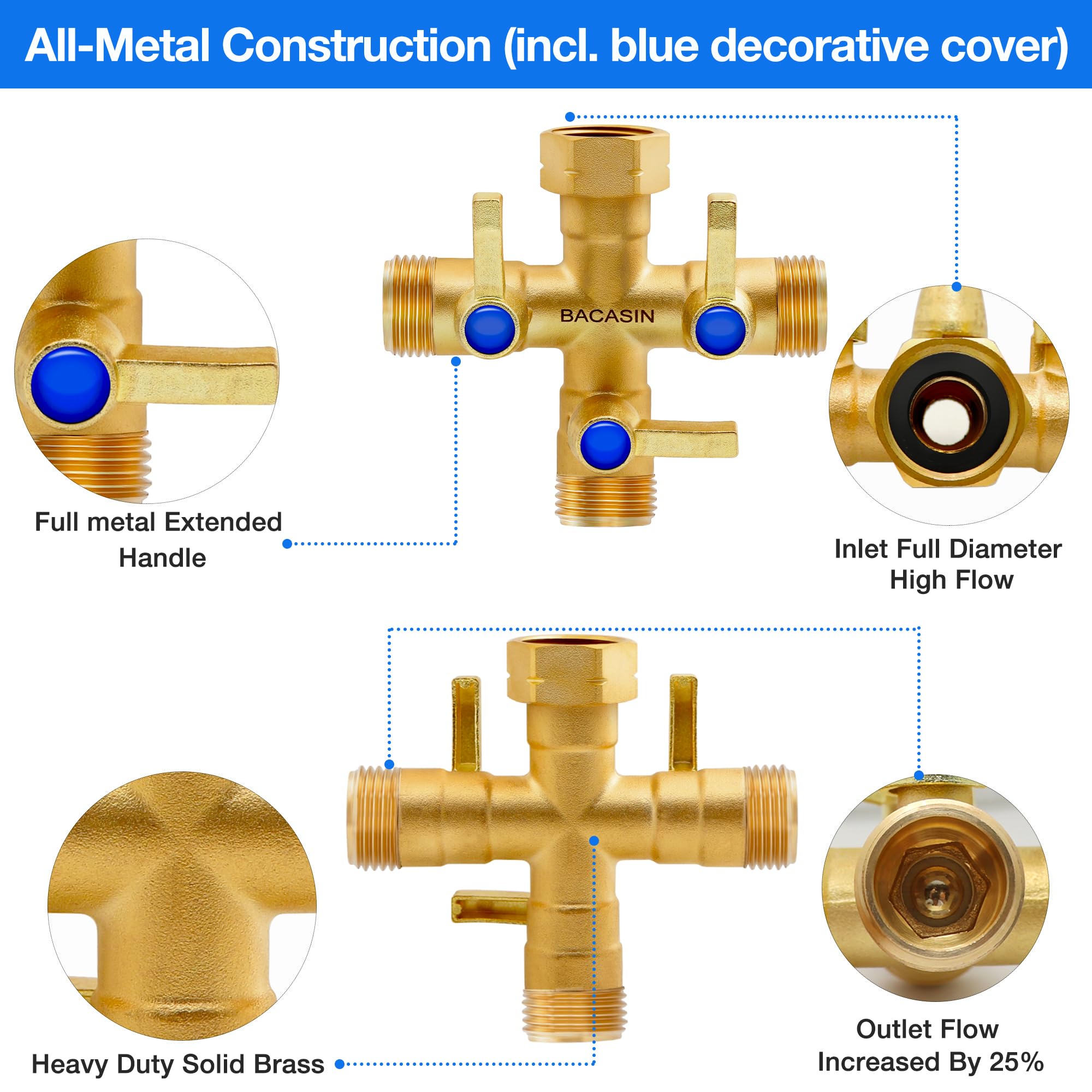 BACASIN brass garden hose splitter corrosion-resistant finish closeup emphasizes long-lasting performance.