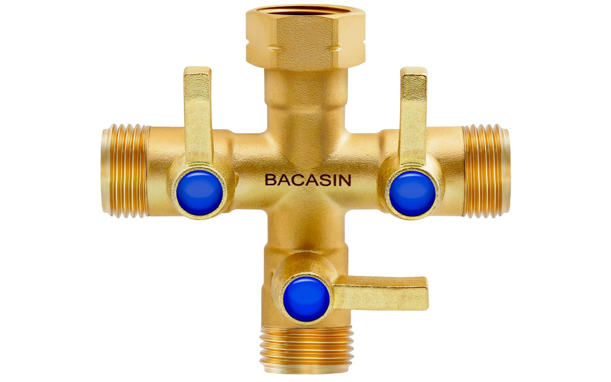 BACASIN brass garden hose splitter full view demonstrates sturdy construction for durable outdoor use.