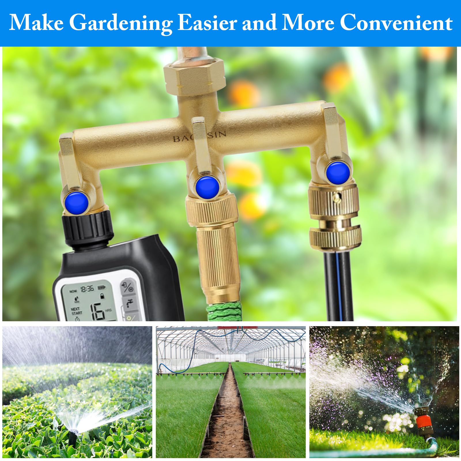 Versatile BACASIN splitter supports multiple hoses for irrigation and washing tasks.