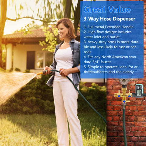 BACASIN brass garden hose splitter valve closeup highlights independent flow controls for precise watering.